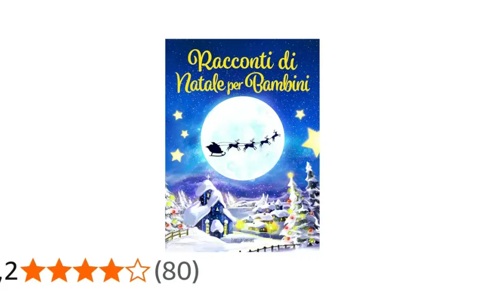 Copertina di "Racconti di Natale per Bambini": Babbo Natale vola sulla luna piena con la sua slitta, sopra un villaggio innevato illuminato.