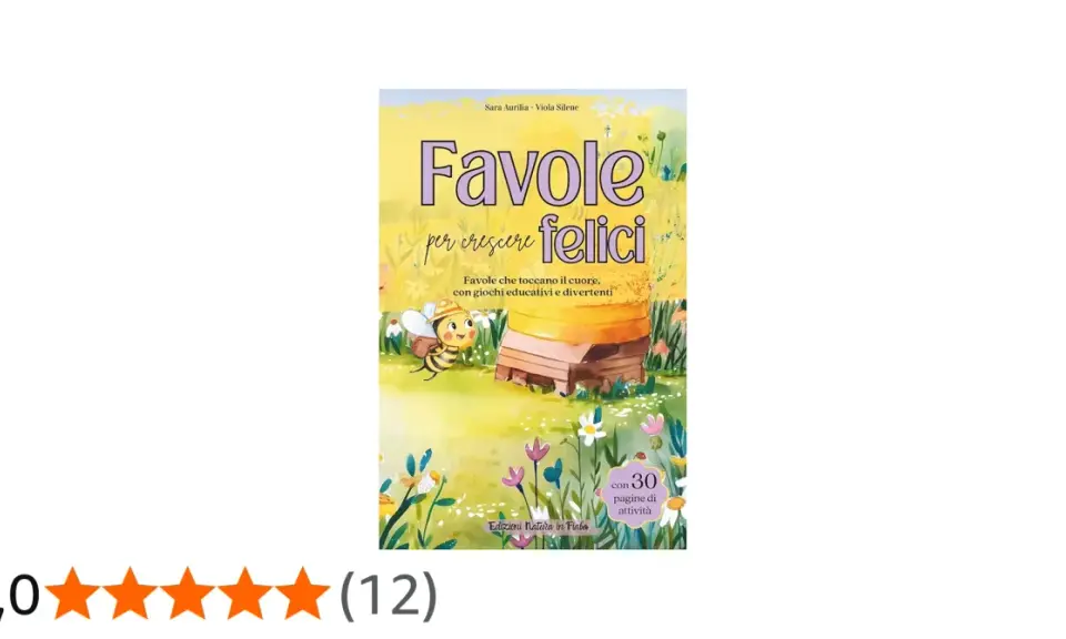 Copertina del libro "Favole per crescere felici" con un'ape sorridente vicino a un alveare. Un dolce buonanotte viola per tutti i bambini.