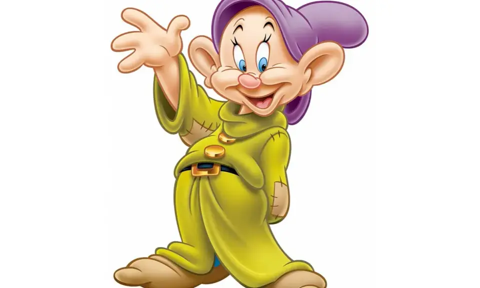 Uno dei 7 nani, con cappello viola e tunica gialla, saluta allegramente.