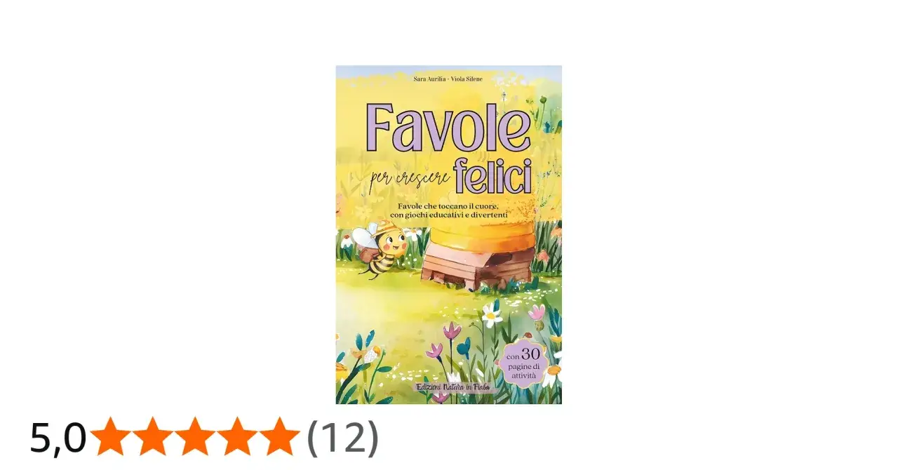 Copertina del libro "Favole per crescere felici" con un'ape sorridente vicino a un alveare. Un dolce buonanotte viola per tutti i bambini.