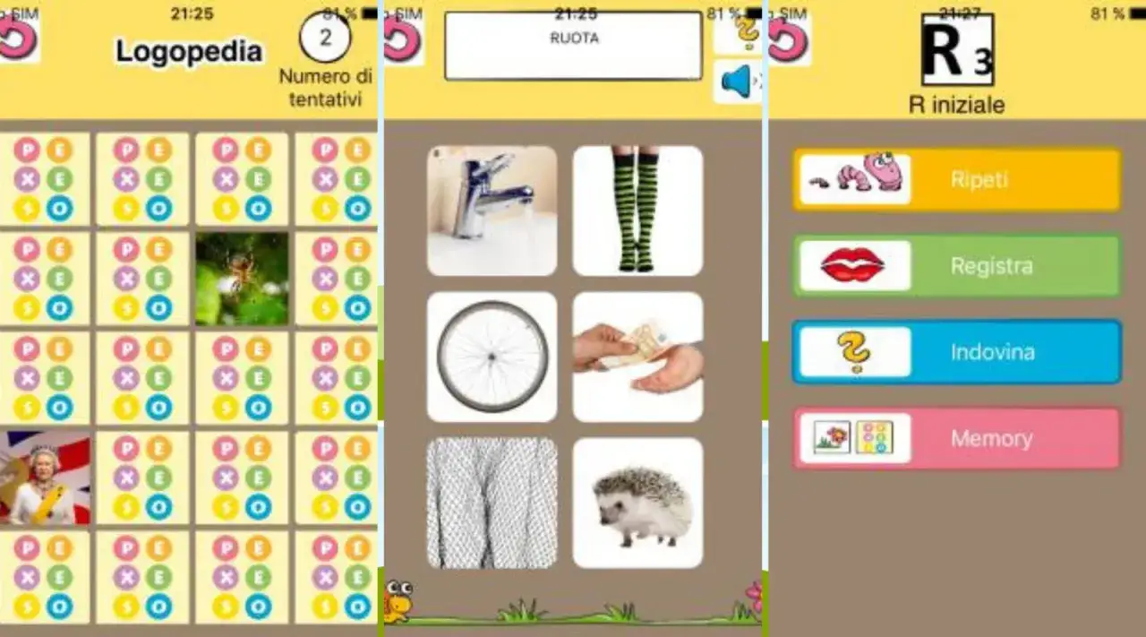 App per esercizi di logopedia per bambini di 3 anni con immagini e giochi di memoria.
