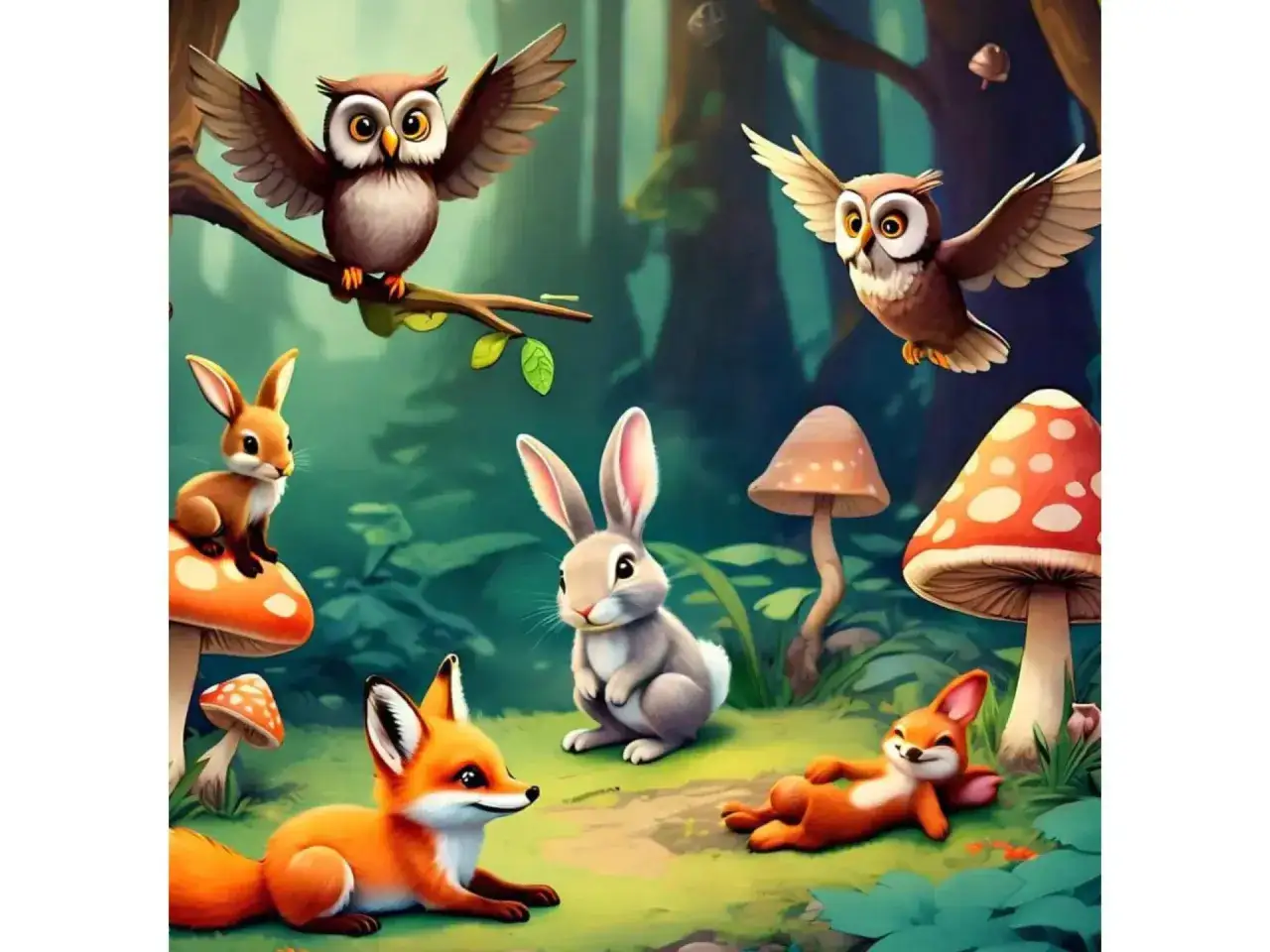 Dolci gufi e coniglietti si preparano per la buonanotte nel bosco incantato, tra funghi colorati e volpi sorridenti.