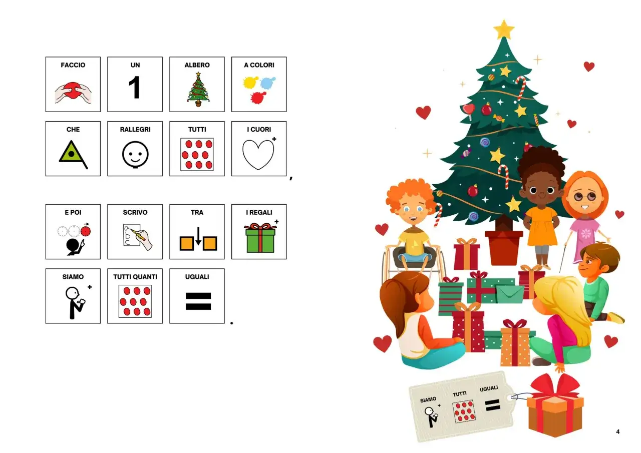 Bambini felici attorno all'albero di Natale, con regali e cuori. Immagini con simboli per creare frasi di Natale per bambini.