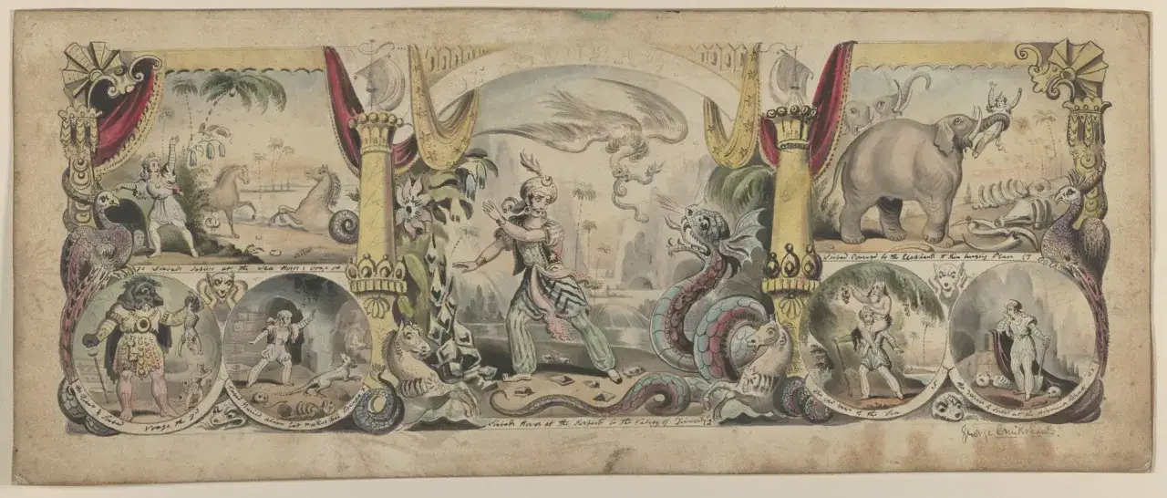 Simbad il marinaio affronta un serpente gigante e un elefante. Scene di avventure e creature fantastiche.