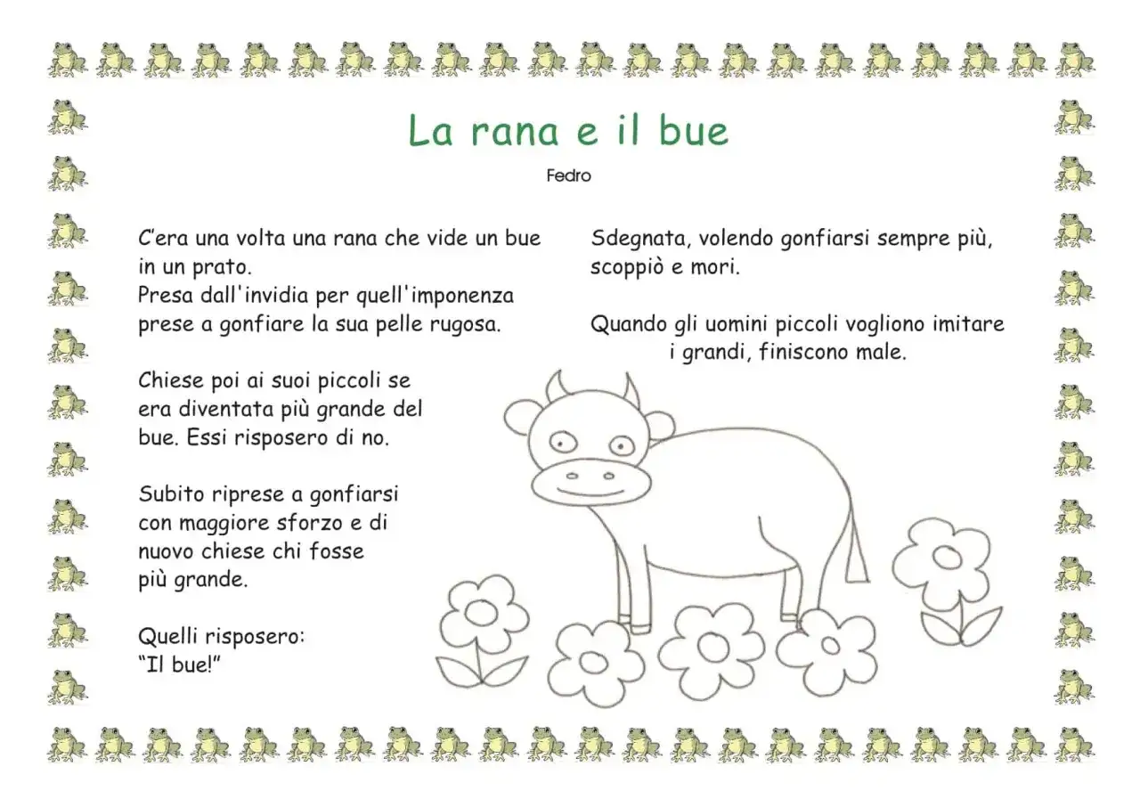 La rana e il bue, una delle brevi fiabe scuola primaria, narra di una rana che invidia un bue e tenta di gonfiarsi per essergli pari, finendo per scoppiare.