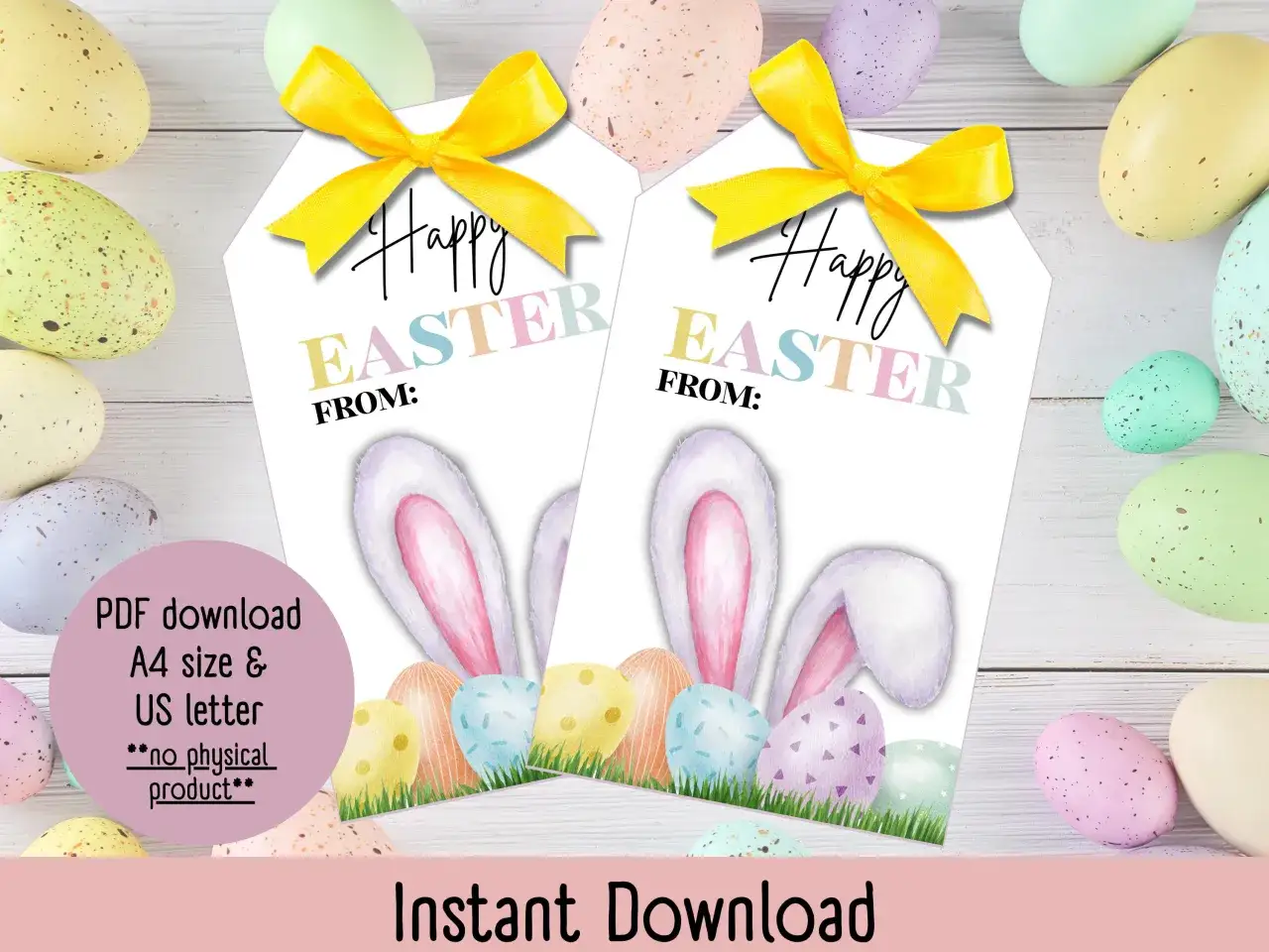 Etichette pasquali con coniglietto e uova colorate. Perfette per le tue frasi di Pasqua. Download digitale.