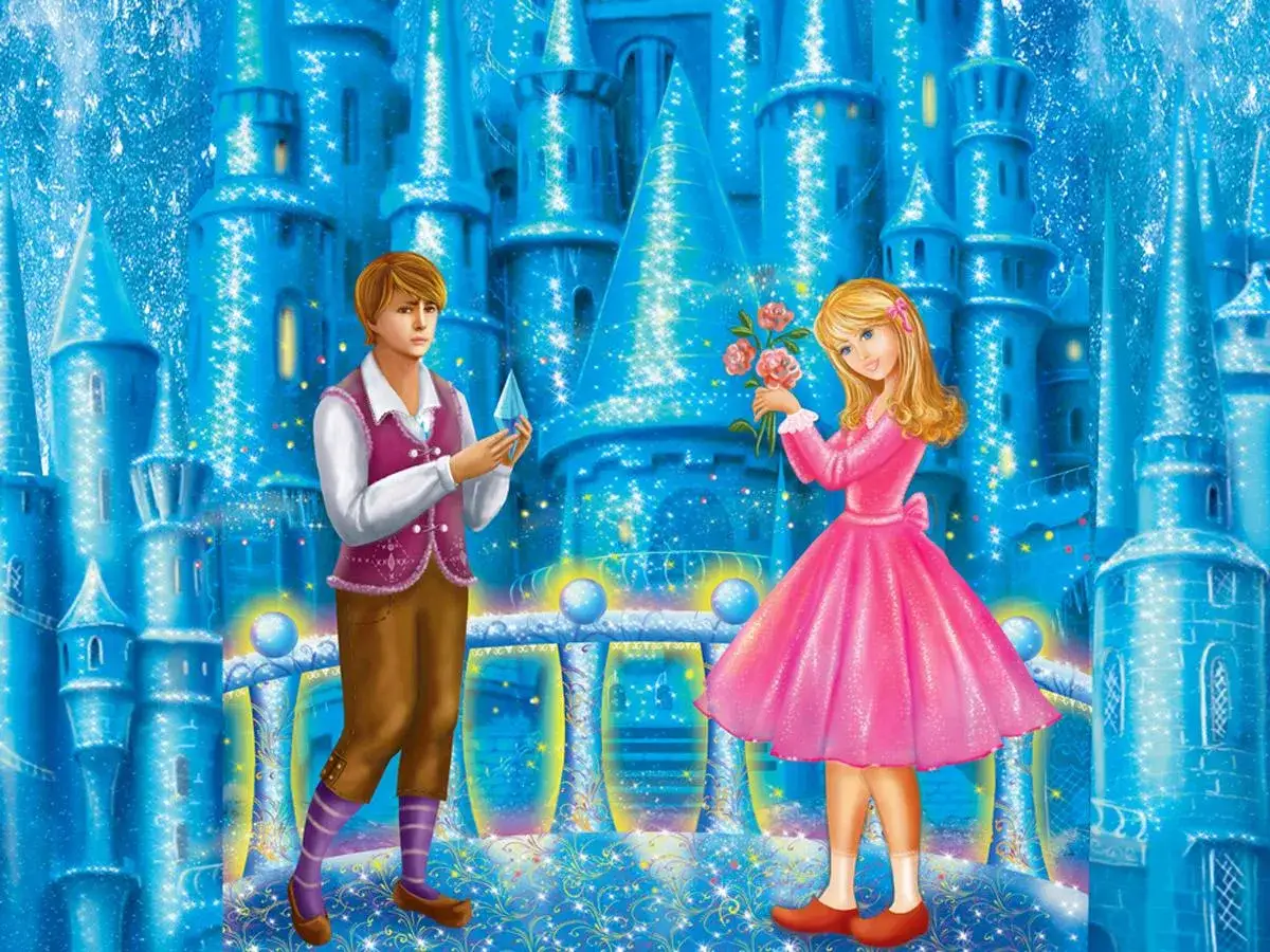 Un ragazzo con un cristallo e una ragazza con fiori, davanti a un castello di ghiaccio. Forse un incontro con la regina delle nevi.