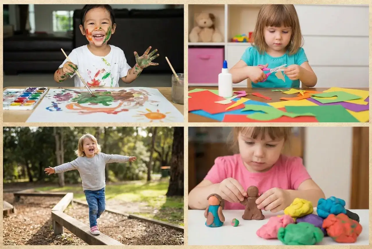 Bambini di 4 anni dipingono, ritagliano, giocano all'aperto e modellano con la pasta. Attività creative e divertenti per i più piccoli.