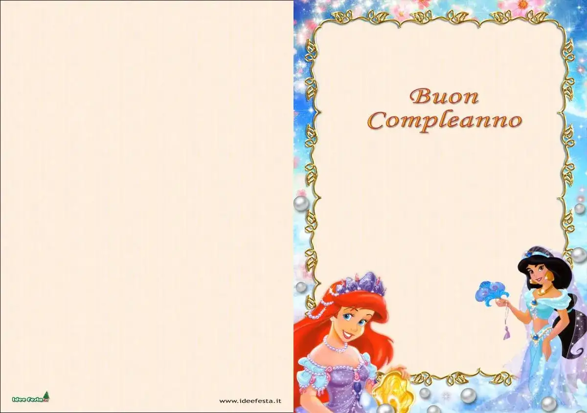 Cornice con Ariel e Jasmine per auguri di buon compleanno frasi semplici.