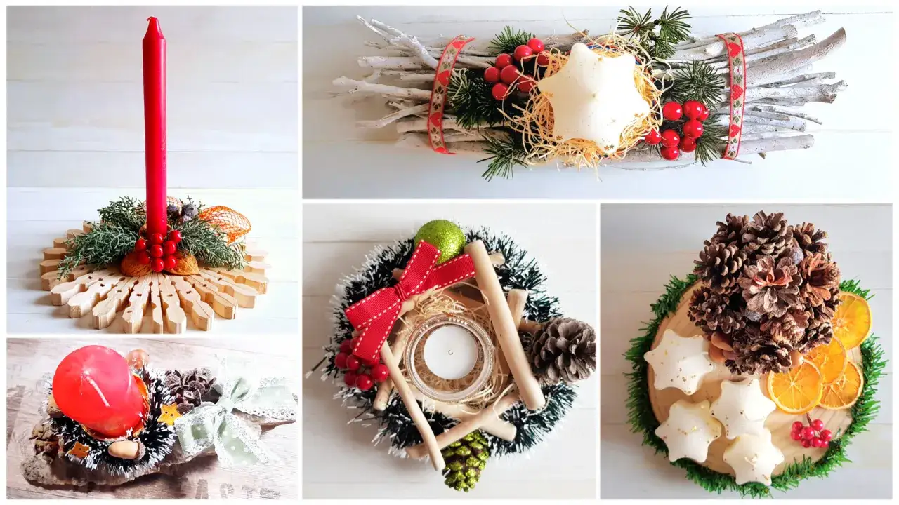 Idee creative per come preparare la tavola di Natale: centrotavola con candele, pigne, arance e decorazioni naturali.