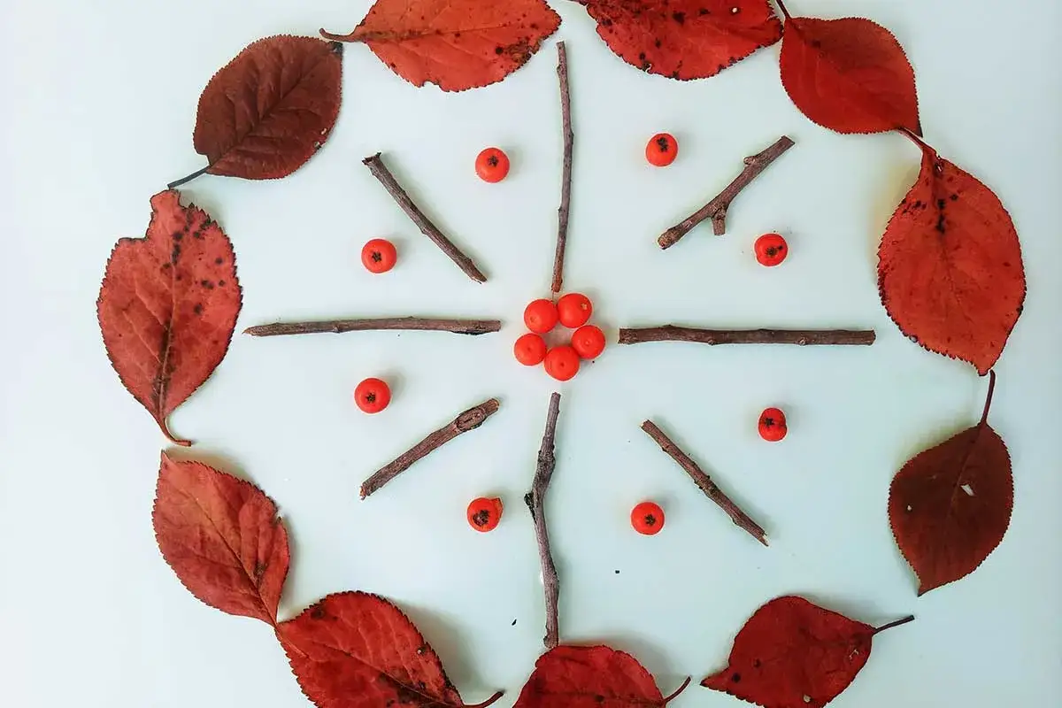 Un mandala creato con foglie rosse, rametti e bacche rosse. Un'idea creativa per spiegare il mandala significato per bambini, usando elementi naturali.