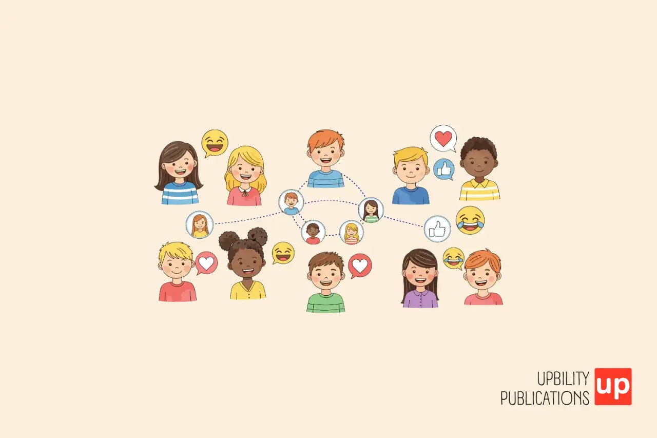 Bambini sorridenti connessi da linee tratteggiate, con emoji che esprimono emozioni. Un'illustrazione che affronta il disturbo socio pragmatico.