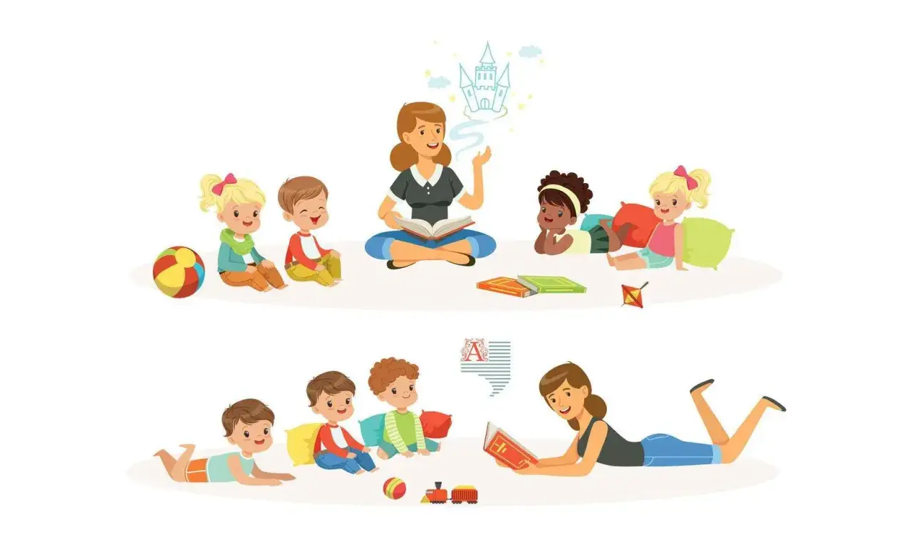 Bambini ascoltano fiabe inventate corte, sognando castelli e avventure.