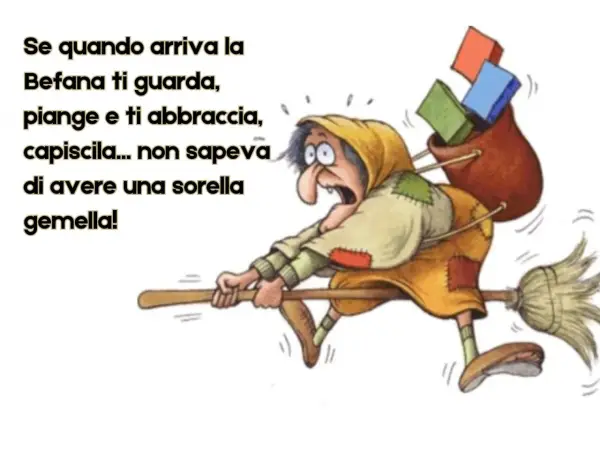 Auguri Befana divertenti! La strega vola sorpresa, pensando di aver trovato una sorella gemella.