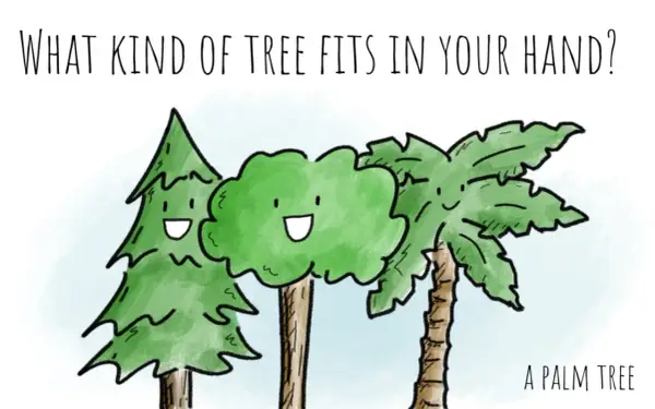Tre alberi sorridenti, uno a forma di pino, uno tondo e uno di palma, con la scritta "Che albero sta nella tua mano?". Perfetto per barzellette per bambini.