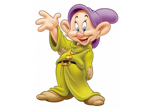 Uno dei 7 nani, con cappello viola e tunica gialla, saluta allegramente.