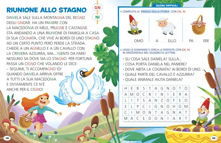 Daniela cerca lo stagno, ma si perde. Un cigno la aiuta. La storia è ricca di parole con GN e NI, perfetta per racconti brevi facili.