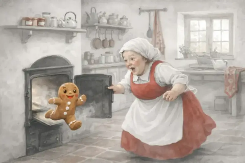 L'omino di pan di zenzero fugge dal forno, sorpreso dalla nonna. Una scena da favole per bambini.